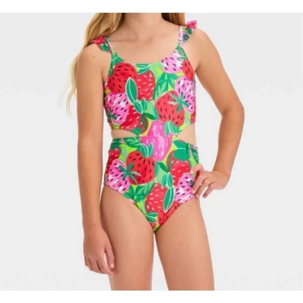 Cat & Jack Girls Pink Sweet Strawberry Print Ruffle Strap Cutout Swimsuit XS 4/5